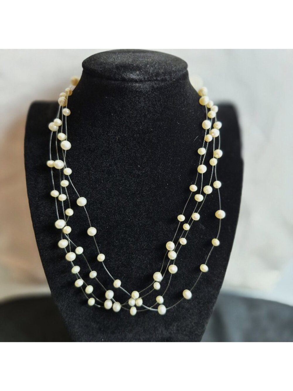Freshwater Pearl Multistrand Floating 16" Necklace Sterling Silver 925 Clasp